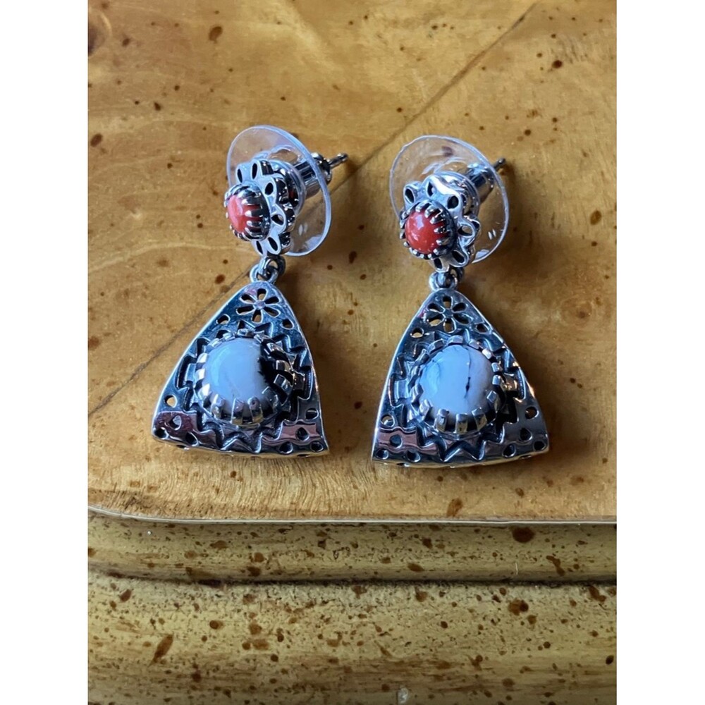 White Buffalo Turquoise Coral Sterling Silver Earrings